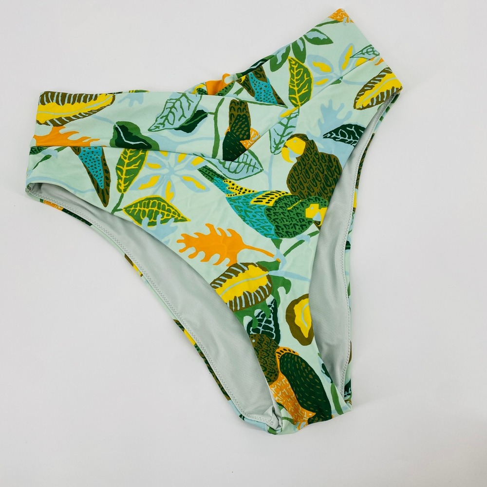 Aerie High Cut Cheeky Swim Bottoms Womens L Green Tropical Parrot Print